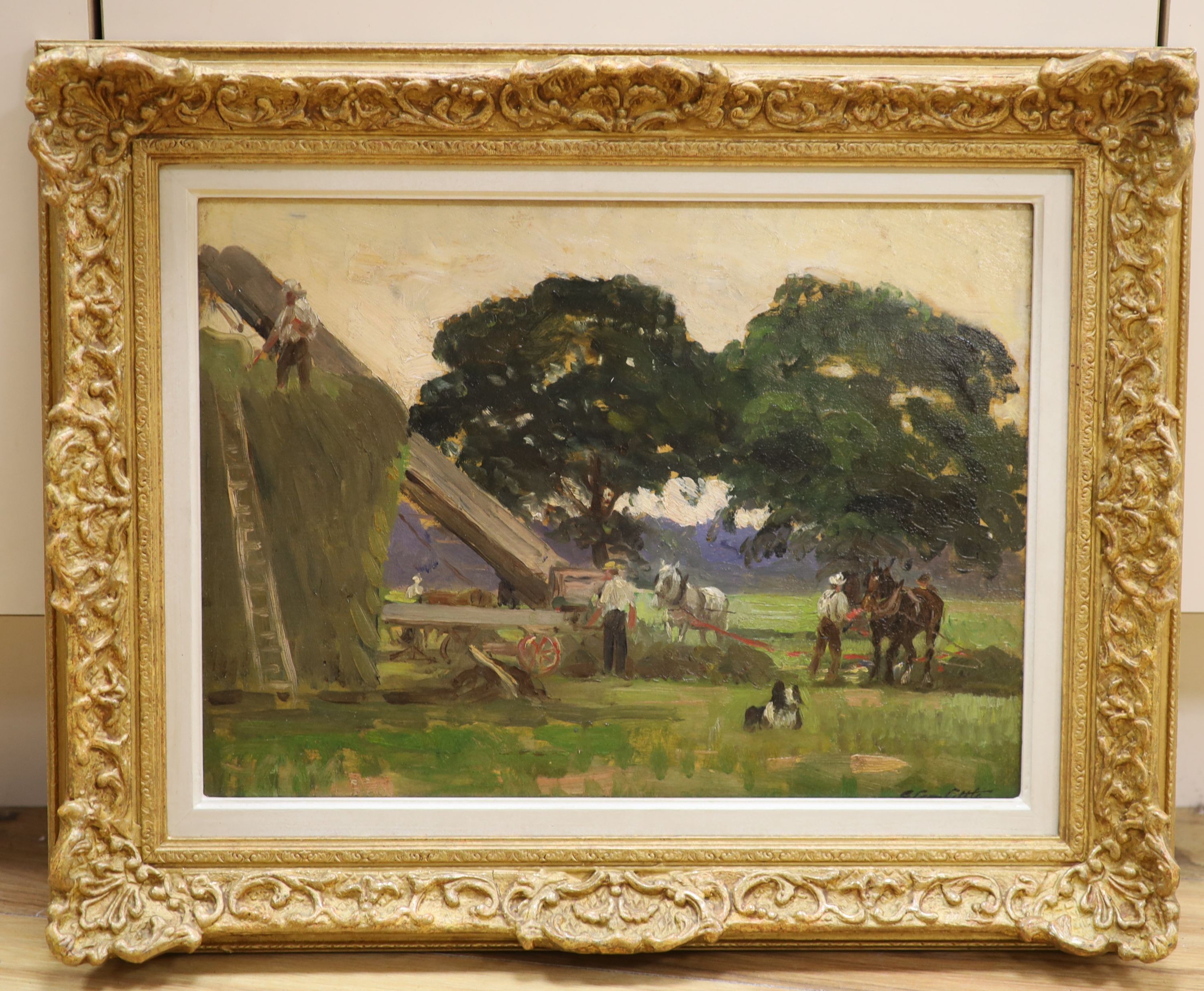 George Leon Little (1862-1941) oil on board, haymaking Surrey, signed, 29 x 40 cm